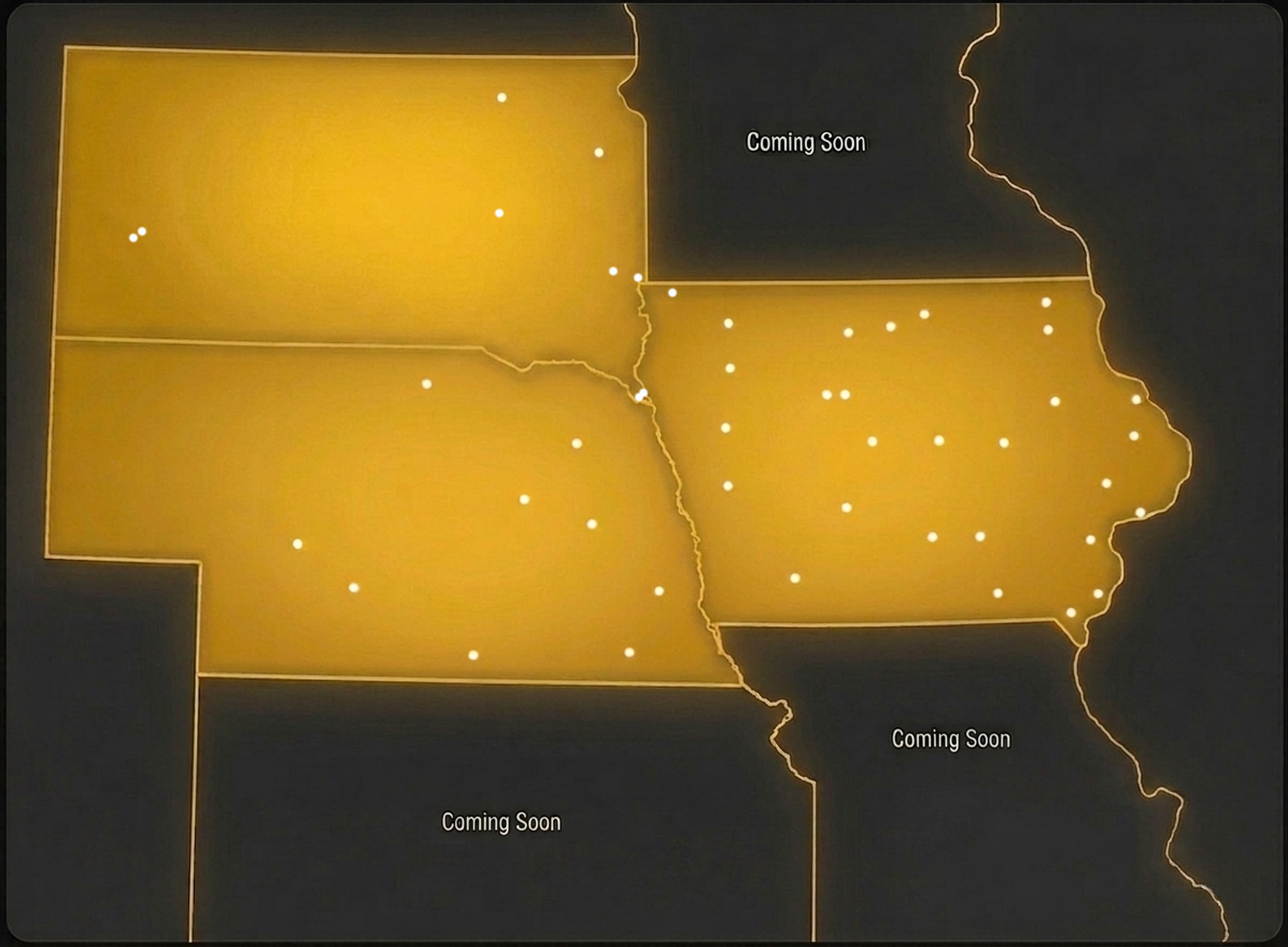 Coverage area map — Nebraska and Iowa full coverage, South Dakota partial, Minnesota/Missouri/Kansas coming soon